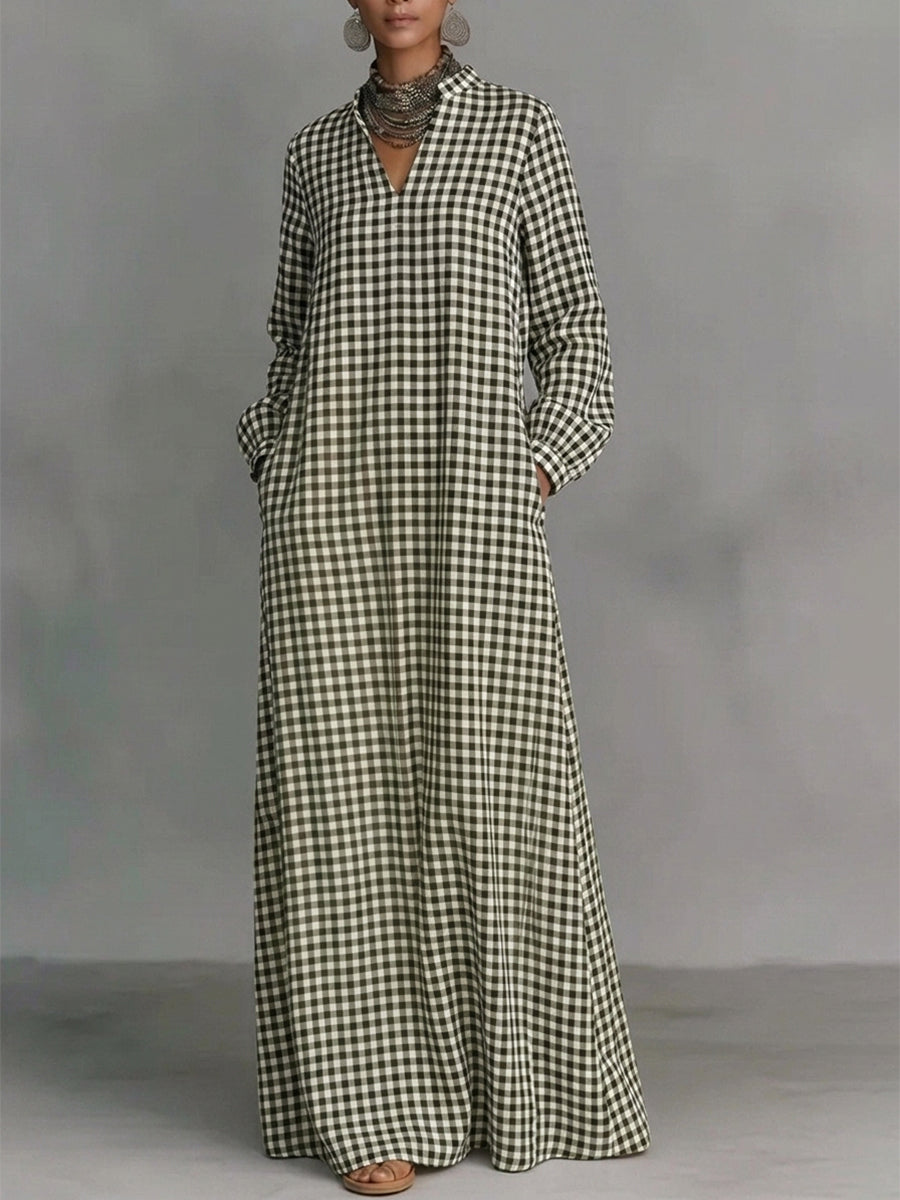 Pockets Plain Contrast Color Puff Sleeves Loose V-neck Maxi Dresses