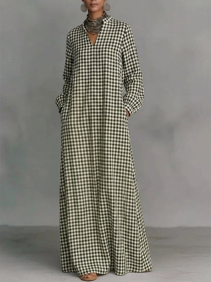 Pockets Plain Contrast Color Puff Sleeves Loose V-neck Maxi Dresses