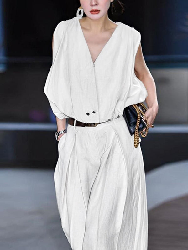 Loose Sleeveless Pleated Split-Joint V-Neck Blouses&Shirts Tops