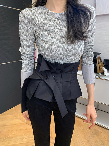 Long Sleeves Skinny Buttoned Round-Neck T-Shirts Tops