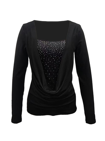 False Two Long Sleeves Rhine Stones Split-Joint Square-Neck T-Shirts Tops
