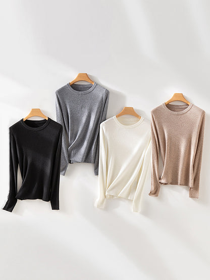 Long Sleeves Skinny Solid Color Round-Neck Knitwear Pullovers Sweater Tops