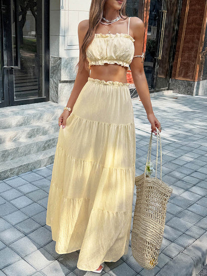 Solid Color Pleated Cropped Ruffled Spaghetti-Neck + A-Line Skirts Bottoms Top Two Pieces Set
