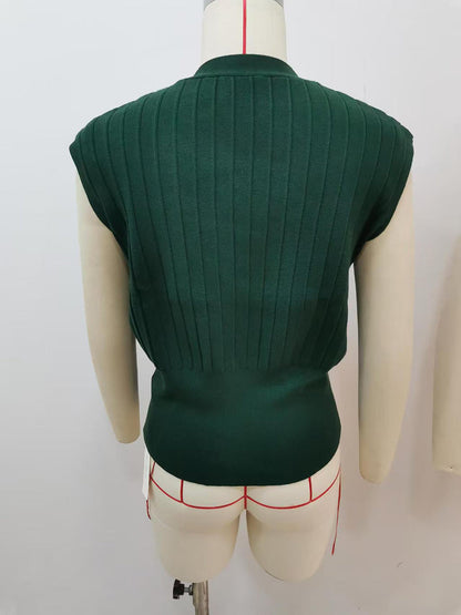 High Waisted Loose Buckle Ribbed Knit Solid Color Split-Joint Split-Side V-Neck Vest Top