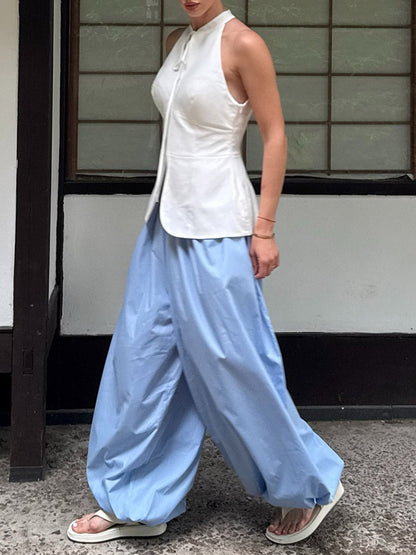 Elasticated Waist High Waisted Drawstring Pleated Solid Color Ankle-Tied Pants