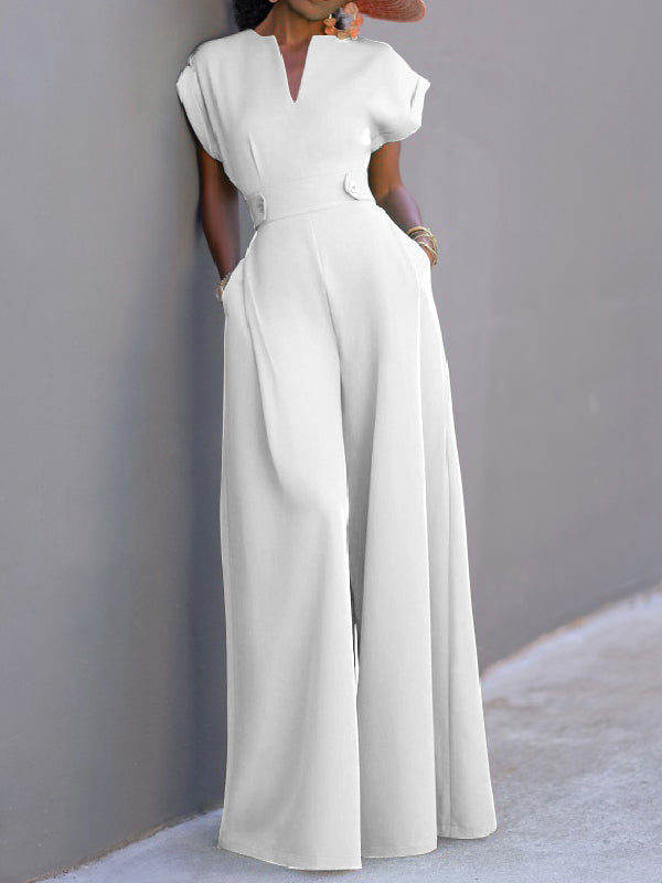 Cap Sleeve Wide Leg Solid Color Jumpsuits