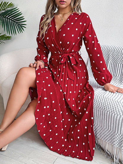 High Waisted Long Sleeves Pleated Polka Dot Tied Waist V-Neck Maxi Dresses Shirt Dress