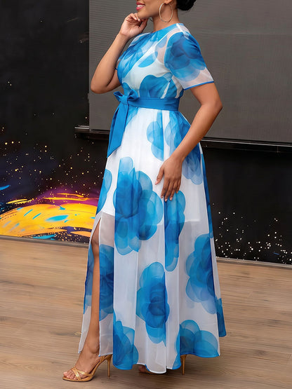 Zipper Tied Waist Split-front See-Through Pockets Flower Print Contrast Color Short Sleeves Loose Round-neck Two Pieces Set Maxi Dresses