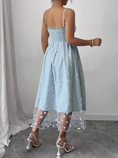 High Waisted Sleeveless Flower Print Layered Pleated Spaghetti-Neck Midi Dresses