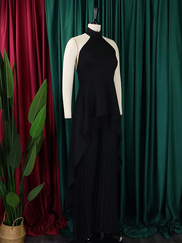 Loose Backless Lacy Solid Color Halter-Neck Vest Top + High-Low Pants Bottom Two Pieces Set