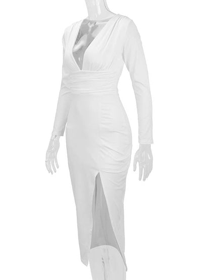 Bodycon Elasticated Waist Pleated Solid Color Split-Joint Split-Side Deep V-Neck Midi Dresses
