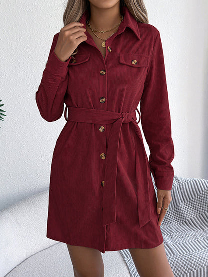 Elasticated Waist Long Sleeves Belted Buttoned Single-Breasted Solid Color Lapel Collar Mini Dresses Shirt Dress