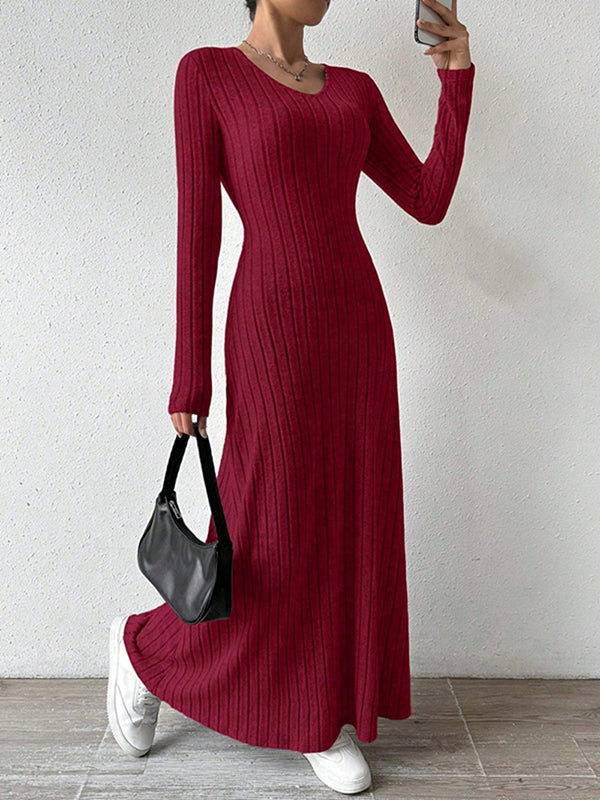 Long Sleeves Skinny Solid Color V-Neck Maxi Dresses Sweater Dresses