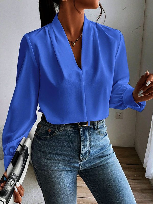 Long Sleeves Loose Pleated Solid Color Split-Joint V-Neck Blouses&Shirts Tops