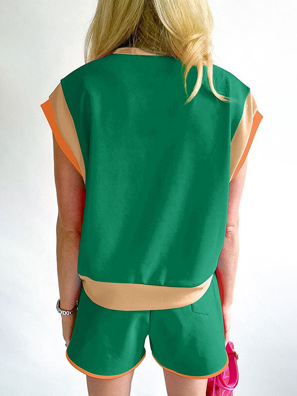 Contrast Color Short Sleeves Round-Neck T-Shirt + Elasticity Shorts Two Pieces Set