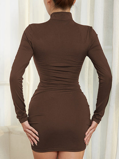 Bodycon High Waisted Drawstring Pleated Solid Color Mock Neck Mini Dresses