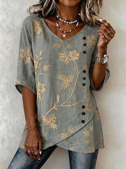 Half Sleeves Loose Asymmetric Buttoned Flower Print Split-Joint V-Neck T-Shirts Tops