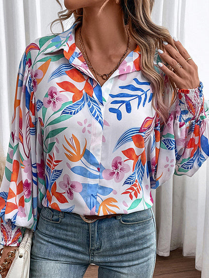 Batwing Sleeves Long Sleeves Elasticity Flower Print Leaves Print Pleated Lapel Blouses&Shirts Tops