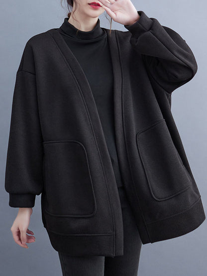 Long Sleeves Loose Pockets Solid Color Collarless Outerwear