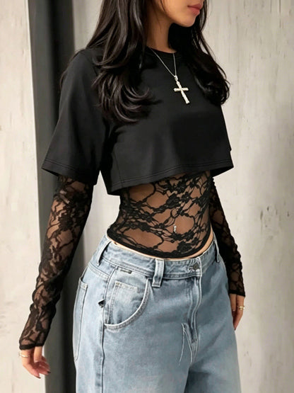 Split-Joint Solid Color Long Sleeves False Two Round-neck Blouses&shirts Tops