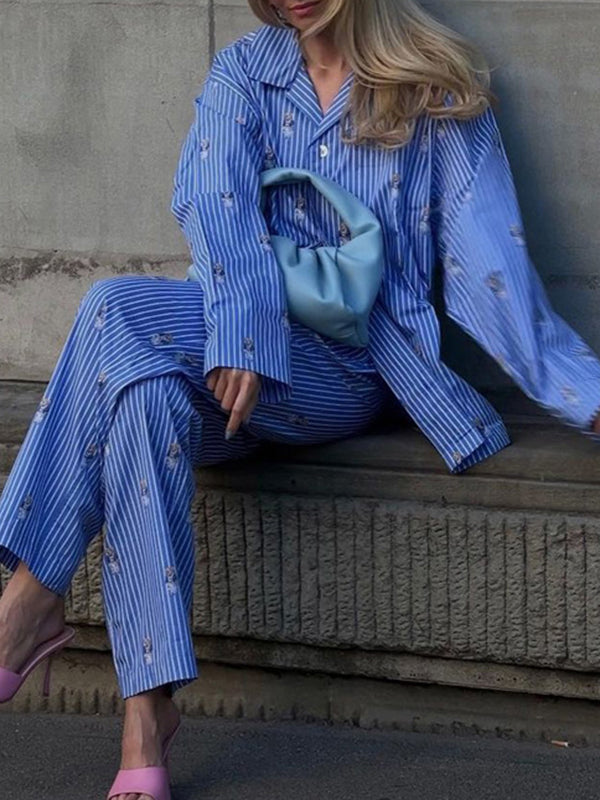 Long Sleeves Buttoned Cartoon Printed Contrast Color Striped Lapel Blouses Tops + Tied Waist High Waisted Pants Bottom Two Pieces Set