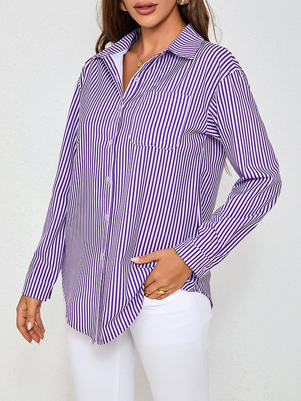 Long Sleeves Loose Split-Joint Striped Lapel Blouses