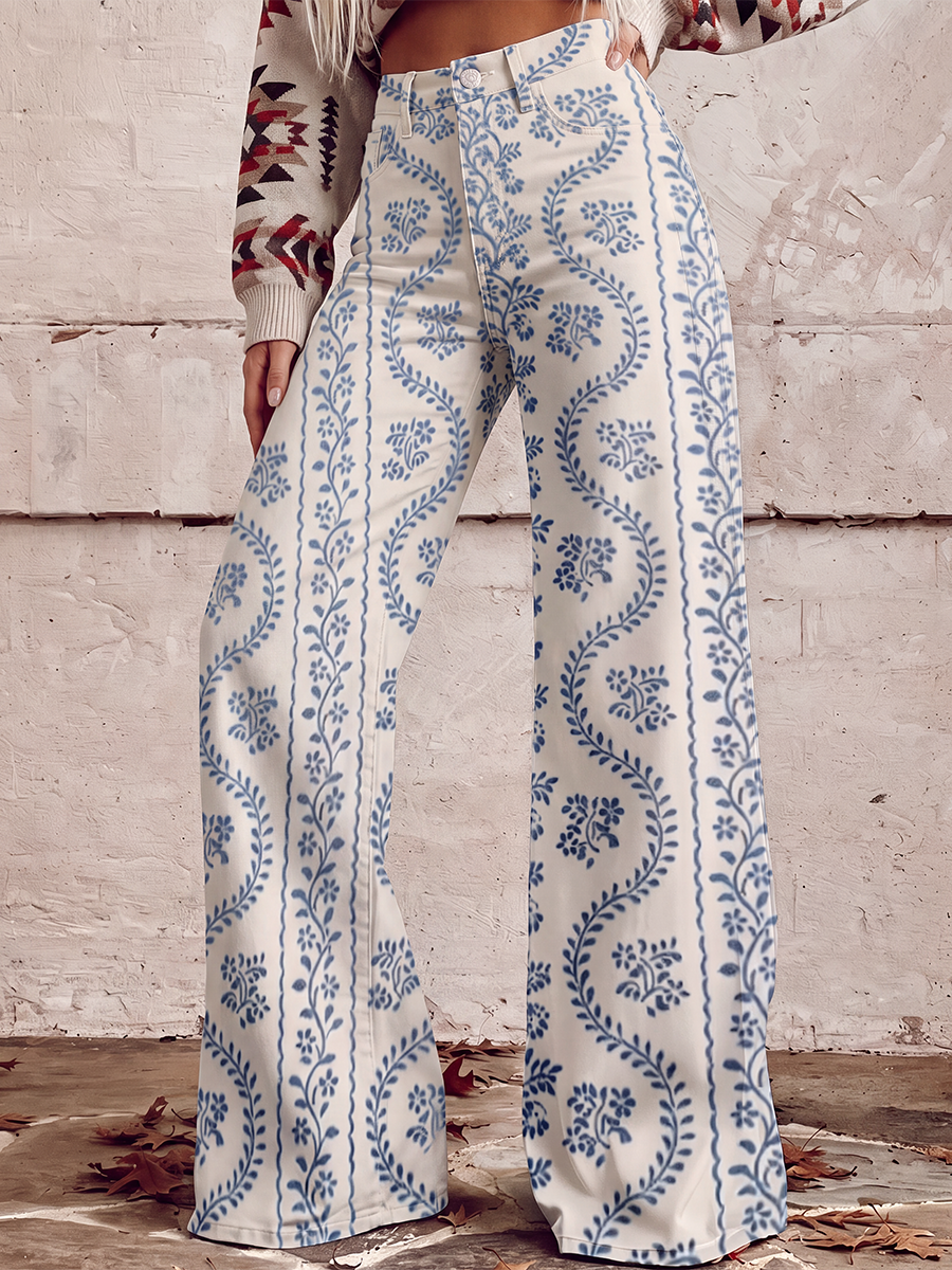 Printed Pockets Buttoned Wide Leg Plus Size Trousers Pants