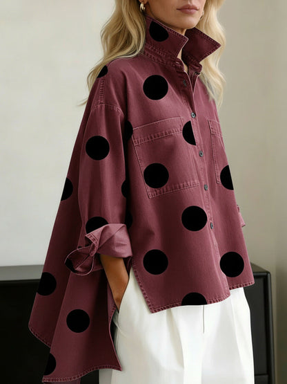 High-Low Irregularity Buttoned Contrast Color Pockets Polka-Dot Split-Joint Split-Side Stand Collar Blouses&Shirts Tops