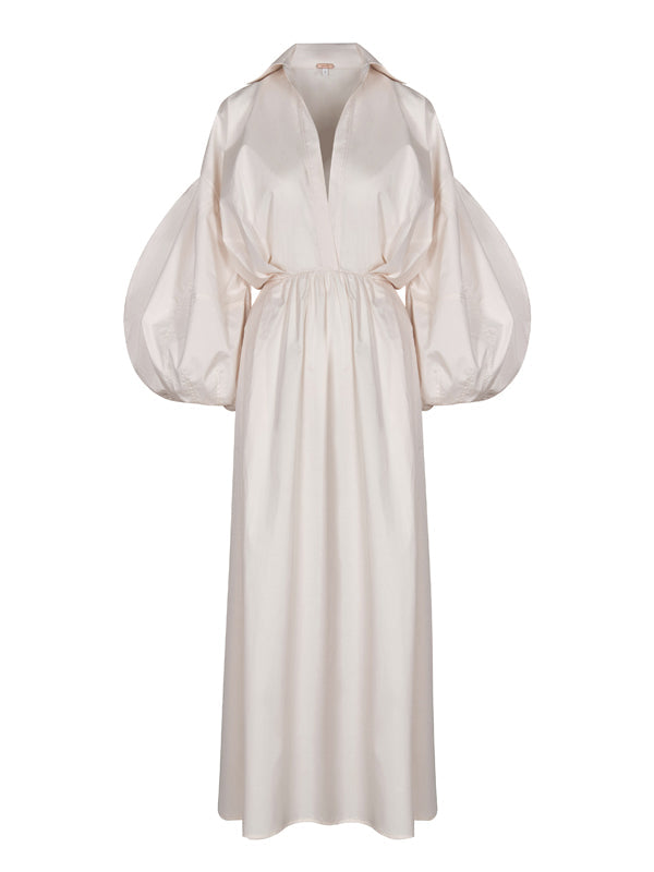 Long Sleeves Loose No Belt Solid Color V-Neck Maxi Dresses