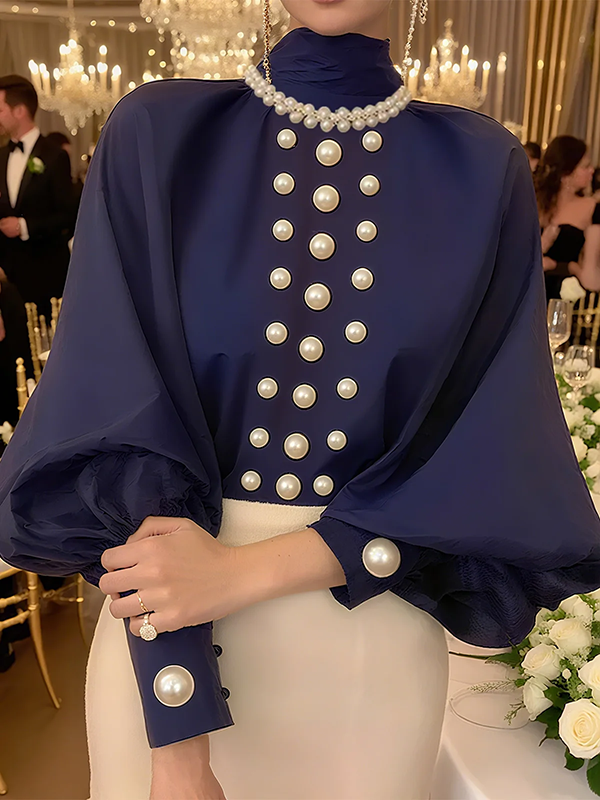 Loose Puff Sleeves Solid Color High Neck Blouses&Shirts Tops