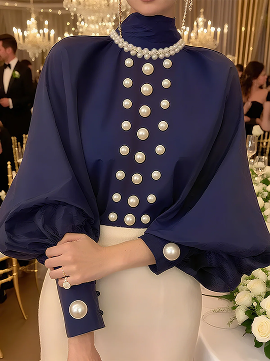 Loose Puff Sleeves Solid Color High Neck Blouses&Shirts Tops