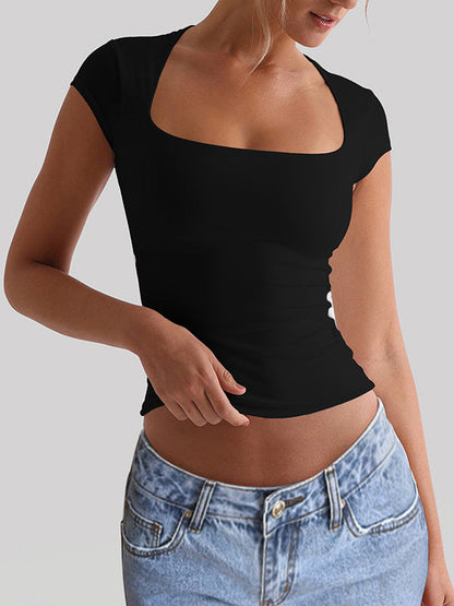 Short Sleeves Skinny Solid Color Square-Neck T-Shirts Tops