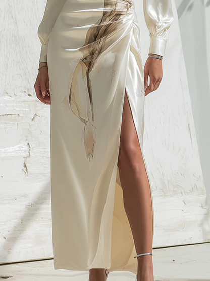 Long Sleeves Flower Print Pleated Split-Side Round-Neck Maxi Dresses