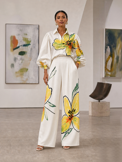Pockets Flower Print Elasticity Contrast Color Wide Leg Loose Trousers Pants