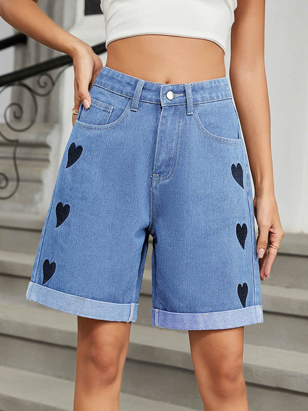 High Waisted Loose Buttoned Heart Print Pockets Half Pants Jean Pants Bottoms