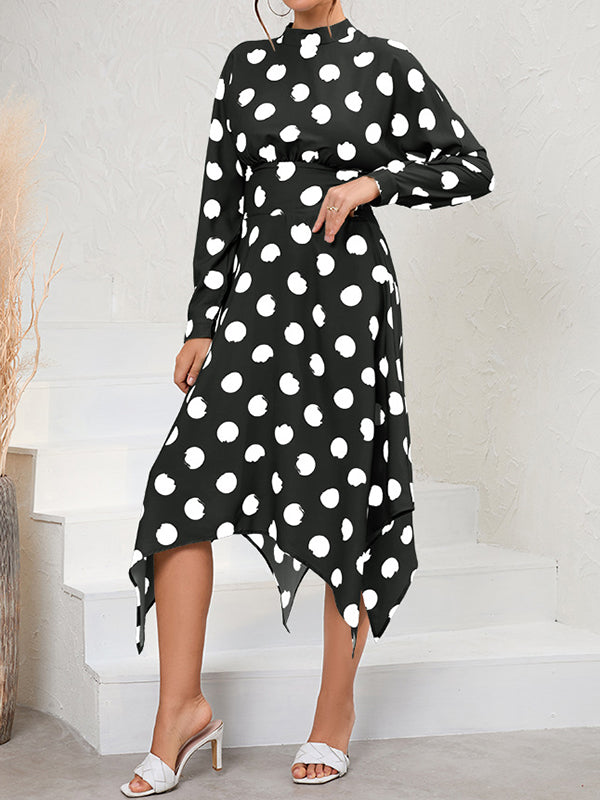 A-Line Long Sleeves Elasticity Hollow Polka-Dot Mock Neck Midi Dresses