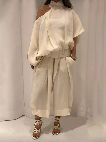 Loose Wide Leg Buttoned Solid Color Casual Pants Bottoms Trousers