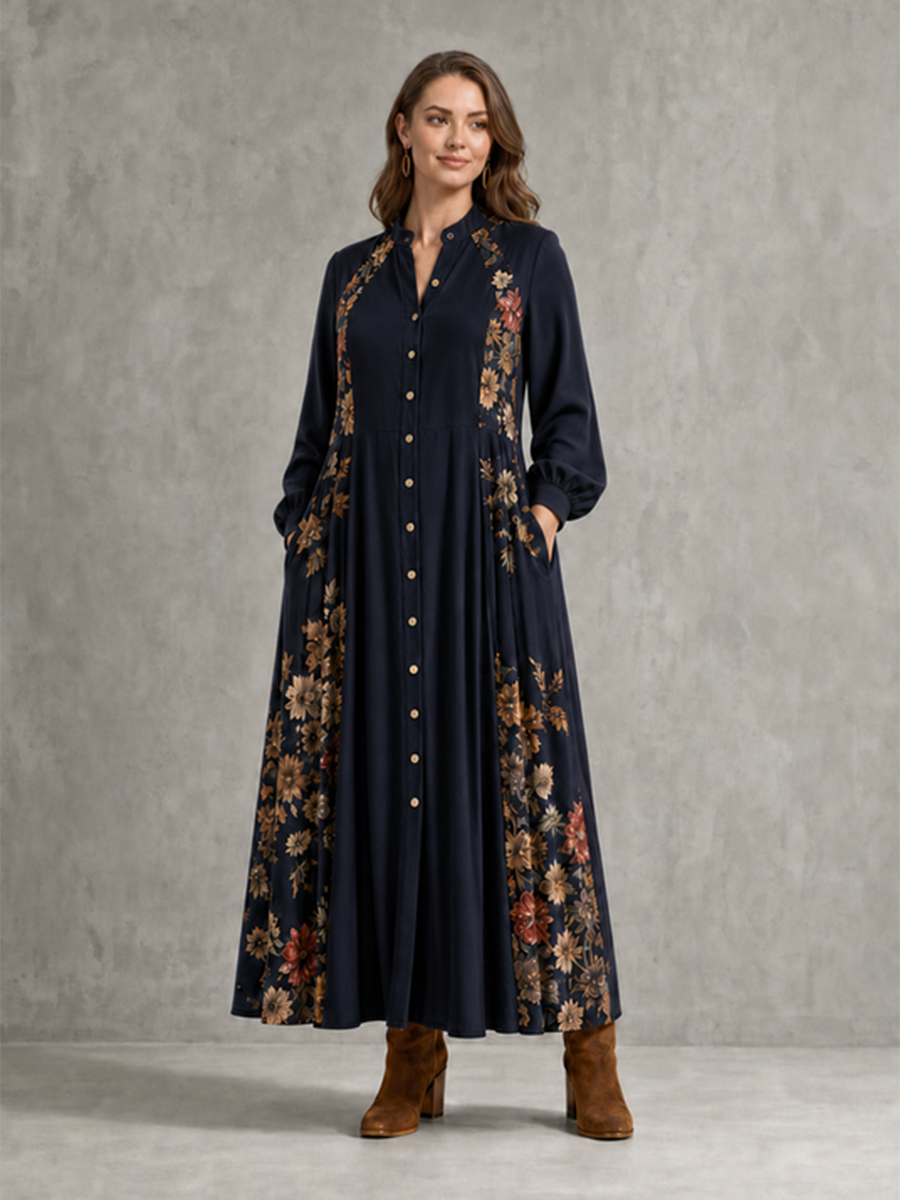 Pockets Pleated Flower Print Contrast Color Buttoned Loose Long Sleeves Round-neck Maxi Dresses
