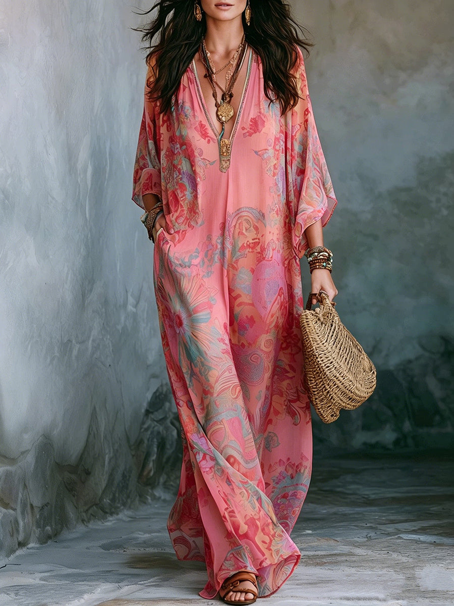 Printed Pockets Loose Contrast Color Plus Size V-neck Maxi Dresses