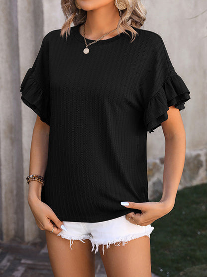 Wrap Falbala Solid Color Round-Neck T-Shirts Tops