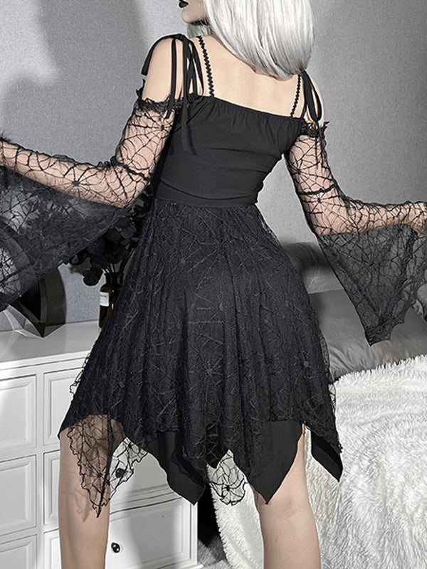 Halloween Gauze Solid Color Split-Joint Spaghetti-Neck Mini Dresses