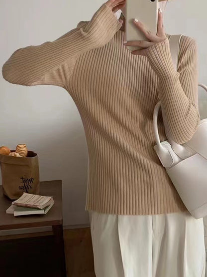 Long Sleeves Skinny Solid Color High-Neck Knitwear Pullovers Sweater Tops