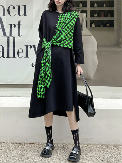 A-Line Long Sleeves Asymmetric Contrast Color Houndstooth Split-Joint Round-Neck Midi Dresses