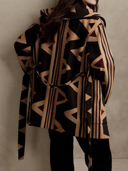 Long Sleeves Loose Pockets Printed Tied Waist Collarless Outerwear Woolen Coat
