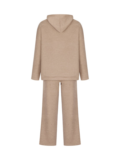 Loose Solid Color Round-Neck Hooded Long Sleeves Sweater Top + Drawstring Pants Bottom Two Pieces Set