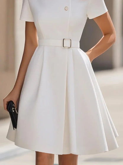 Short Sleeves Belted Buttoned Solid Color Stand Collar Mini Dresses