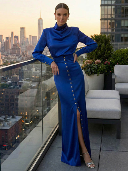 Split-Joint Heaps Collar Long Sleeves Pleated Blouses&Shirts Tops + Elasticated Waist Asymmetric Buttoned  Contrast Color Split-Side Zipper Skirts Bottoms Two Pieces Set