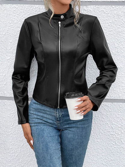 Long Sleeves Skinny Buttoned Solid Color Split-Joint Zipper Stand Collar Jackets Outerwear