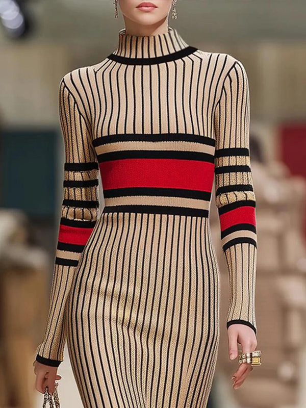 Long Sleeves Skinny Contrast Color Striped High Neck Midi Dresses Sweater Dresses