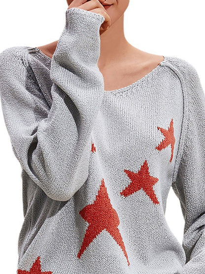 Long Sleeves Loose Split-Joint V-Neck Pullovers Sweater Tops